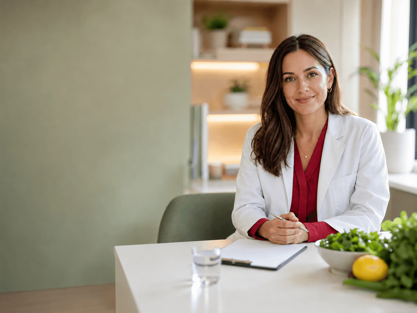 Nutrition consultant in a calm private clinic consultation setting